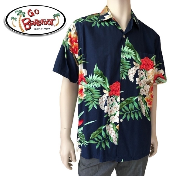 GO Barefoot Shirt Vintage Hawaiian Floral Tiki Cotton Rayon Blend Colourful - Picture 8 of 10